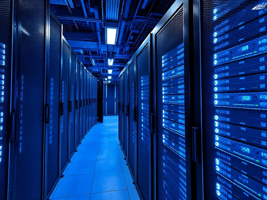 Close-up of high-tech server racks in a cold blue data cente